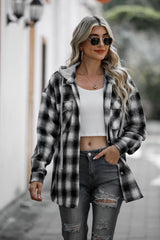 Drawstring Plaid Long Sleeve Hooded Shacket - Trendsi
