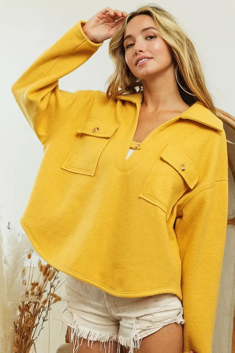 BiBi Flap Pockets Fleece Collared Sweatshirt - Trendsi - Flyclothing LLC