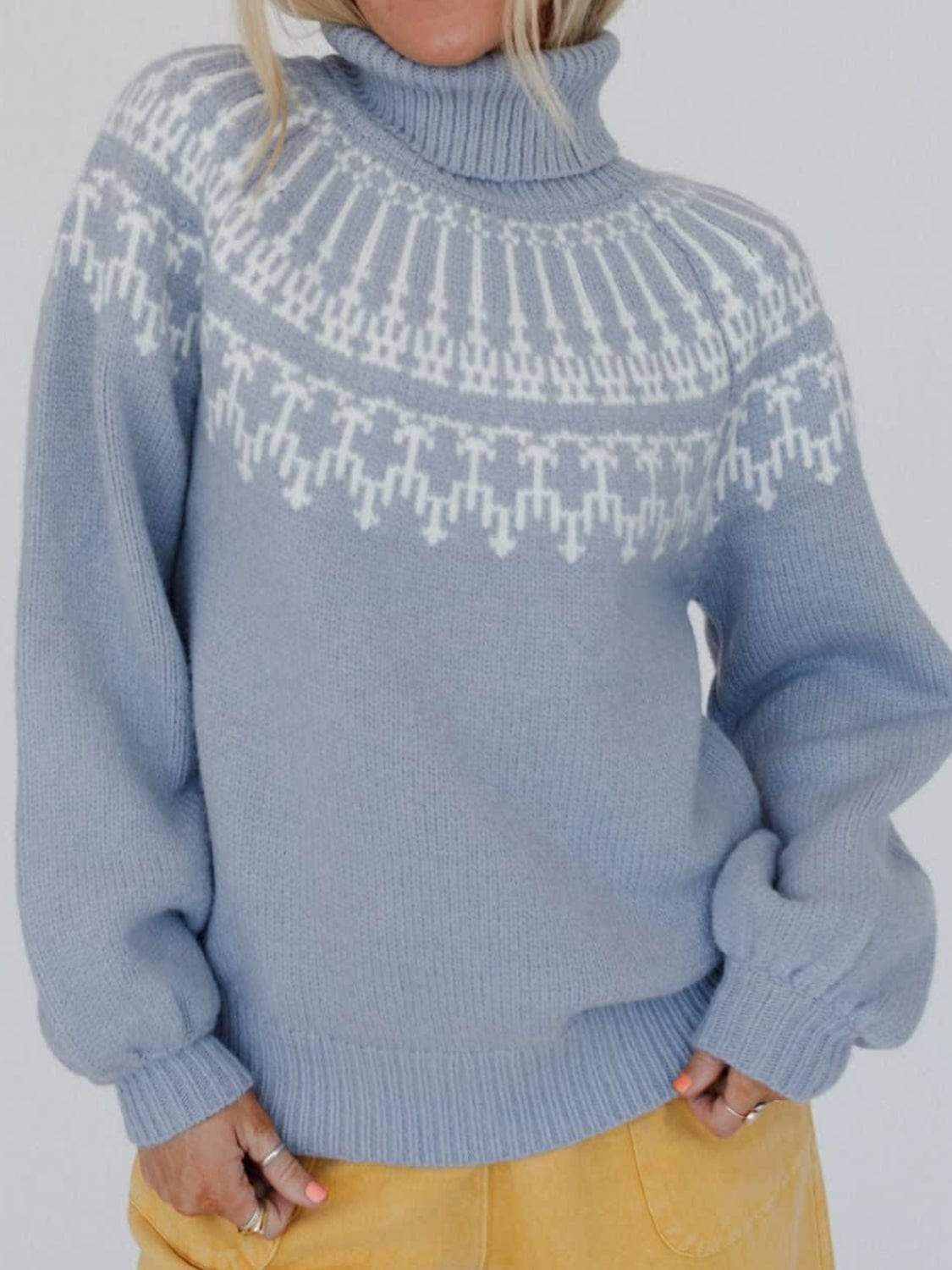 Contrast Turtleneck Long Sleeve Sweater - Trendsi - Flyclothing LLC
