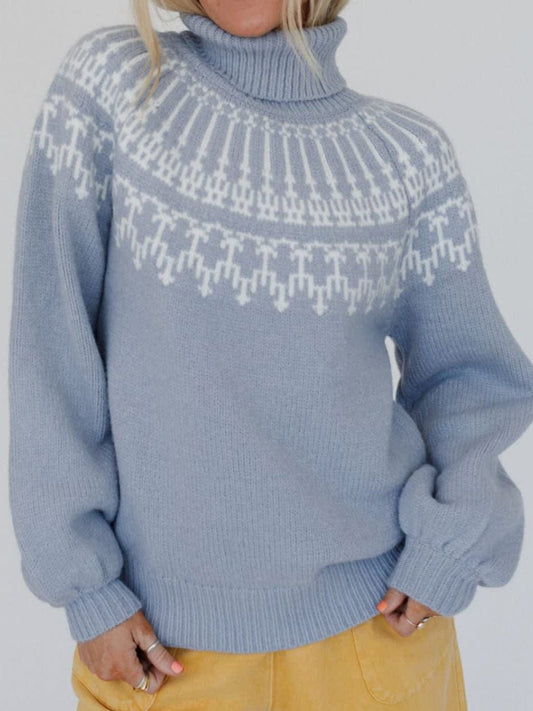 Contrast Turtleneck Long Sleeve Sweater - Trendsi