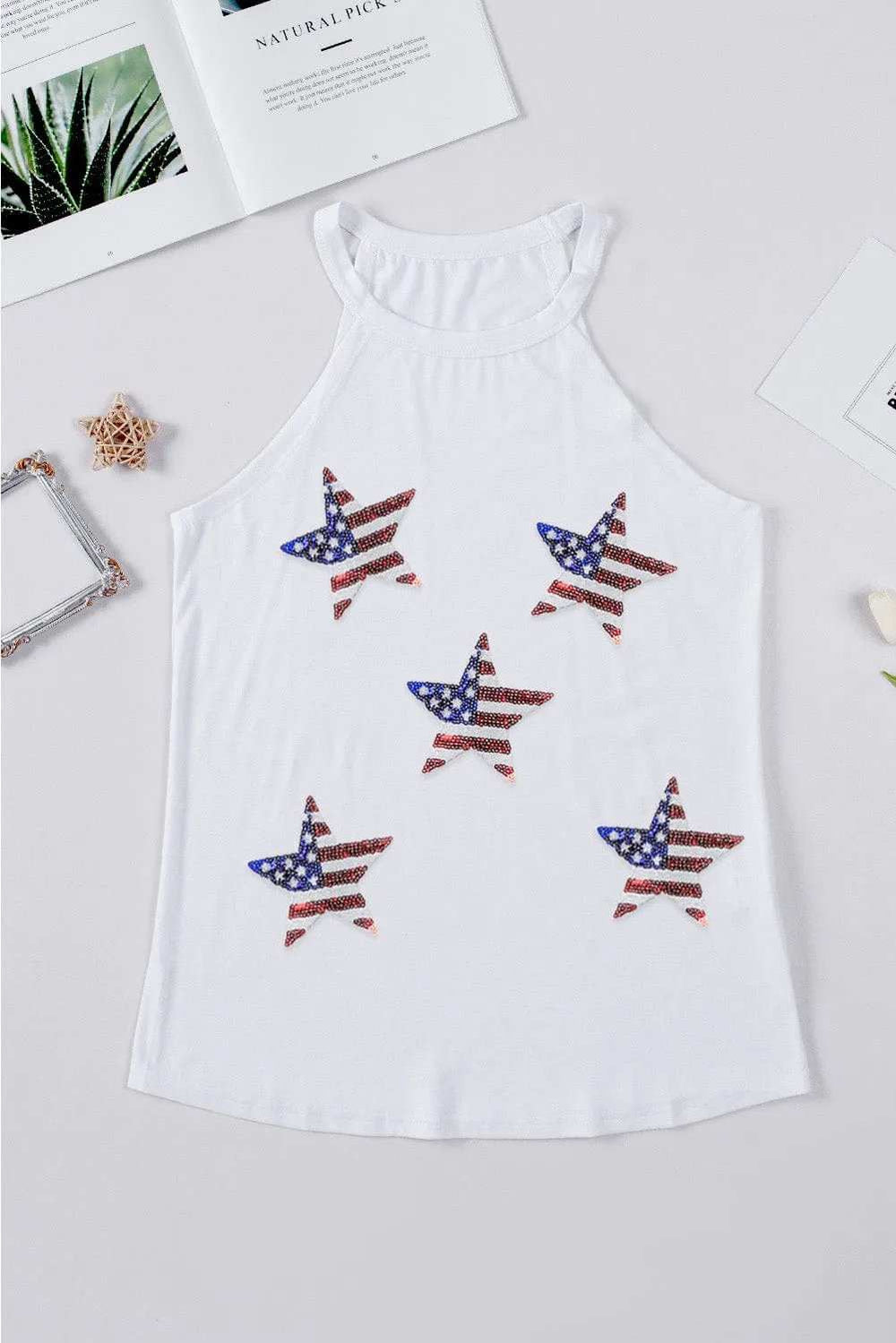 Sequin US Flag Star Grecian Neck Tank - Trendsi - Flyclothing LLC