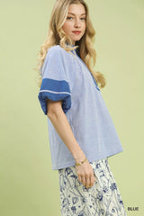 Umgee Striped Mixed Puff Sleeve Blouse - Trendsi - Flyclothing LLC