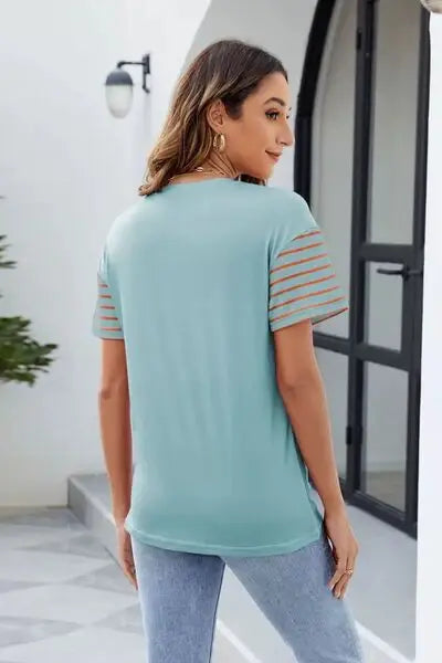 Color Block Round Neck Short Sleeve T-Shirt - Trendsi - Flyclothing LLC
