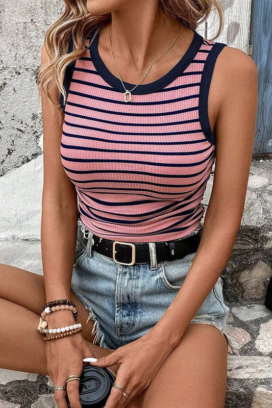 Striped Contrast Round Neck Tank - Trendsi - Flyclothing LLC