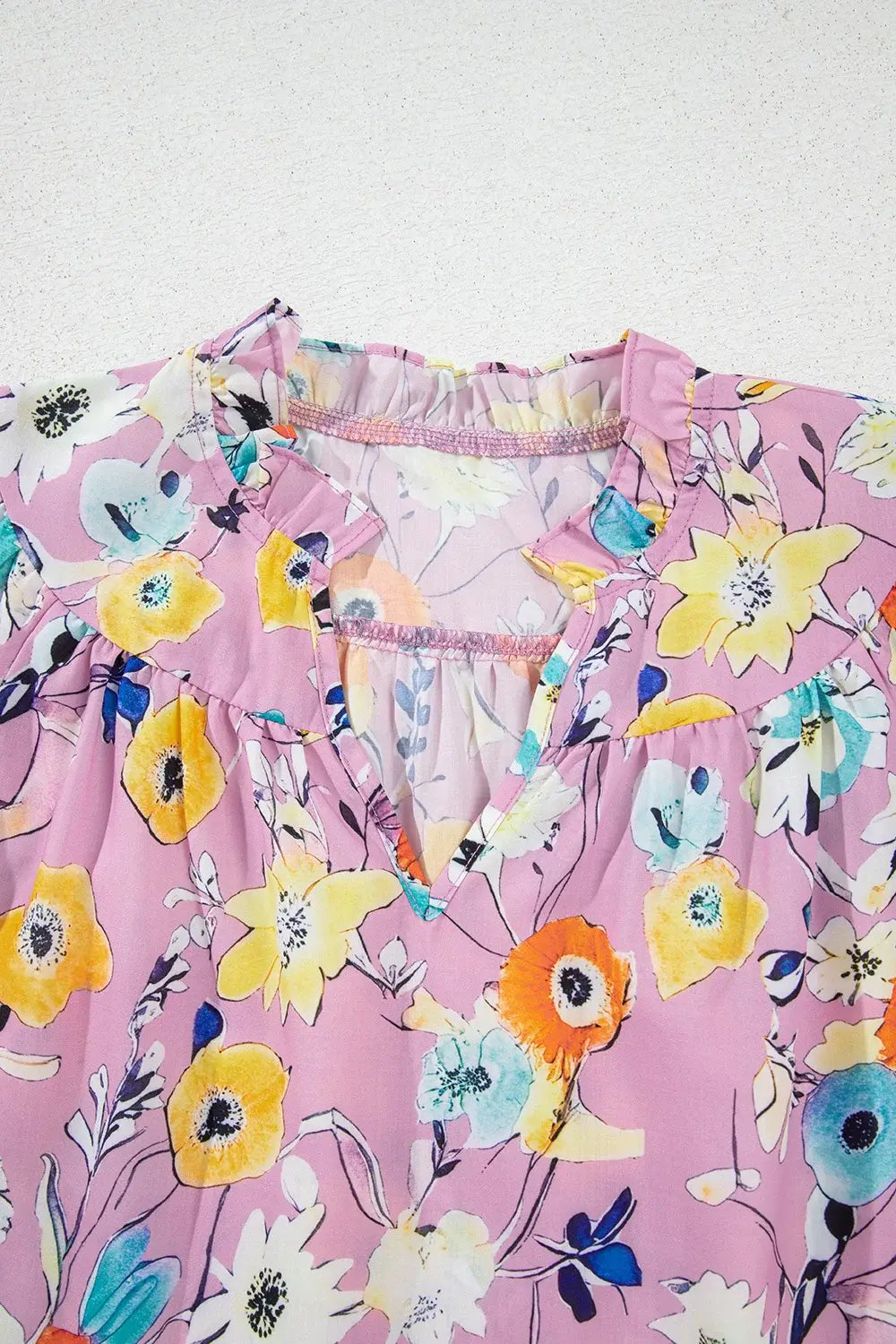 Printed Notched Double Layered Ruffle Sleeve Blouse - Trendsi - Flyclothing LLC