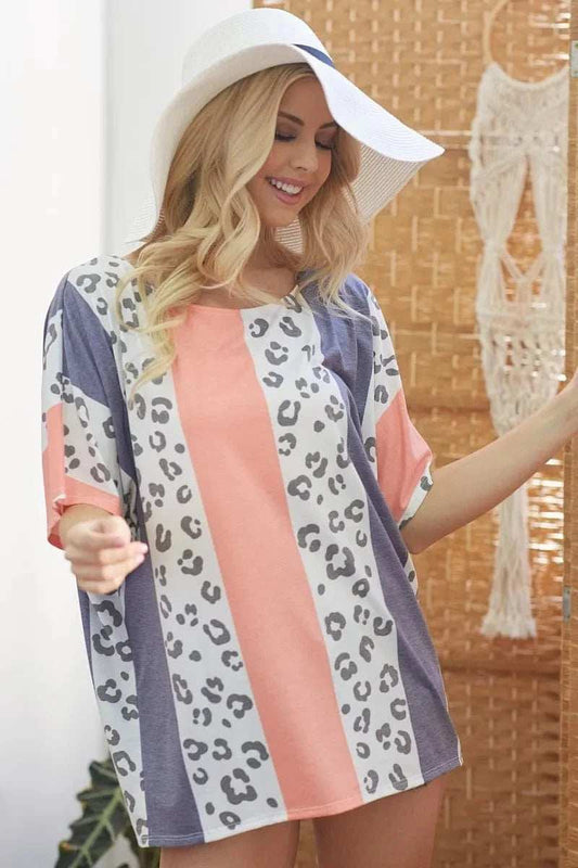 BiBi Leopard Stripe Printed French Terry Oversized Top - Trendsi - Flyclothing LLC