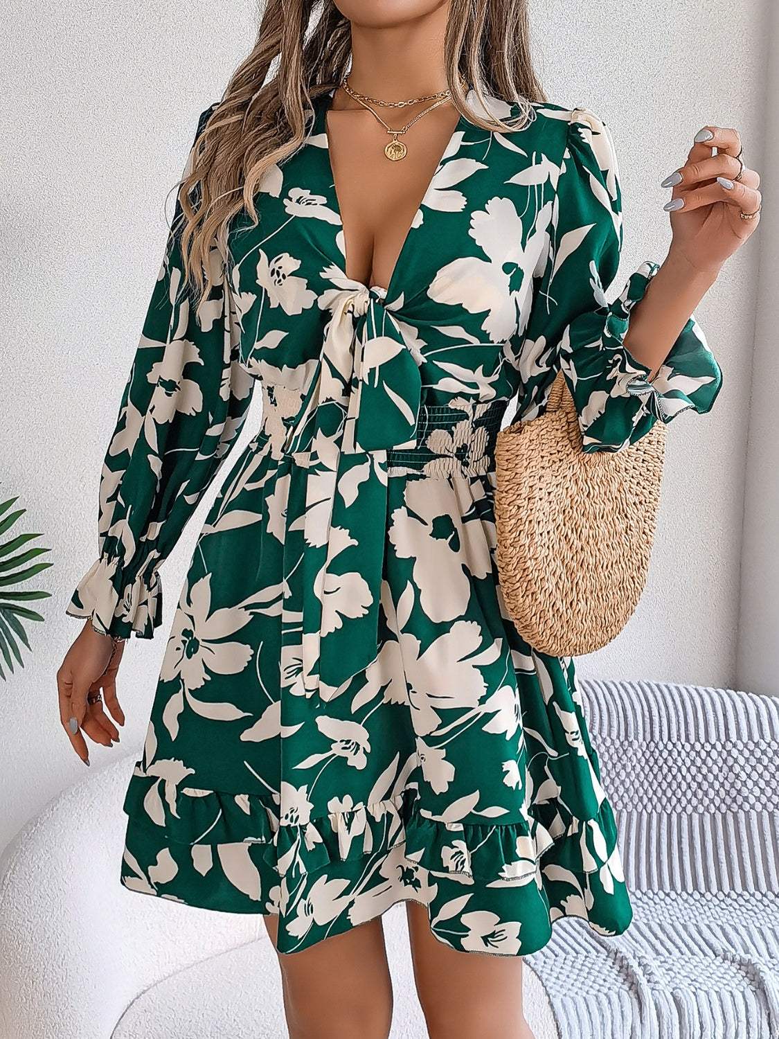 Tied Ruffled Printed Long Sleeve Dress - Trendsi - Flyclothing LLC