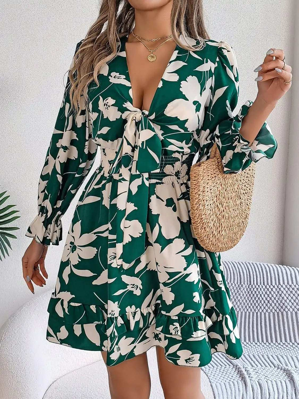 Tied Ruffled Printed Long Sleeve Dress - Trendsi - Flyclothing LLC