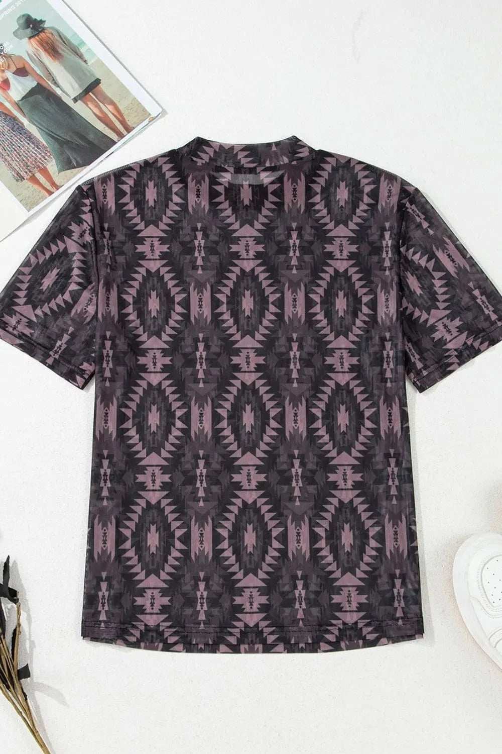 Aztec Print Mock Neck Short Sleeve Mesh T Shirt - Trendsi - Flyclothing LLC