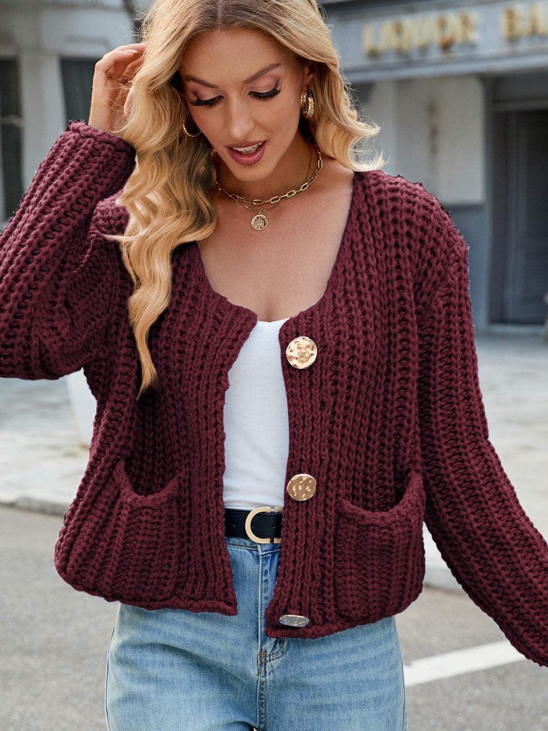 Round Neck Button Up Cardigan with Pockets - Trendsi - Flyclothing LLC