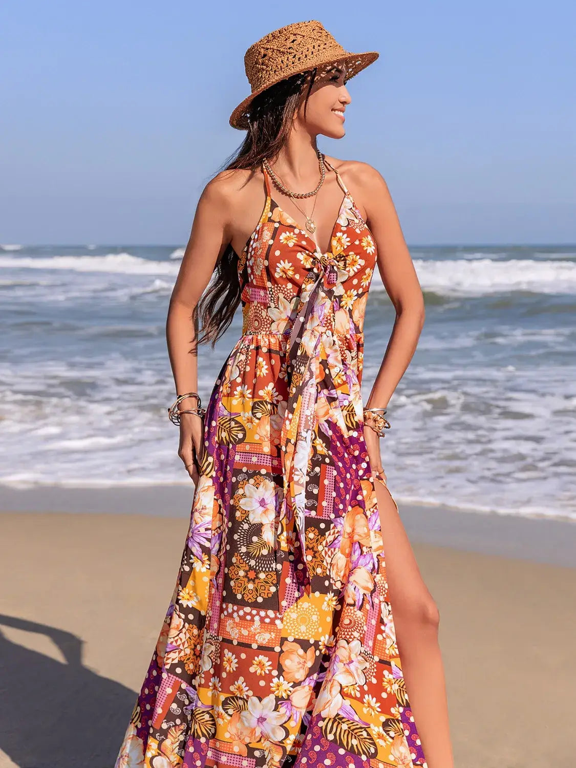 Slit Printed Halter Neck Cami Dress - Trendsi - Flyclothing LLC