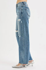 RISEN Full Size Mid Rise Fit Wide Baggy Leg Tie Washed Jeans Plus Size - Trendsi - Flyclothing LLC