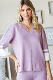 First Love Contrast V Neck Ribbed Knit Top - Trendsi