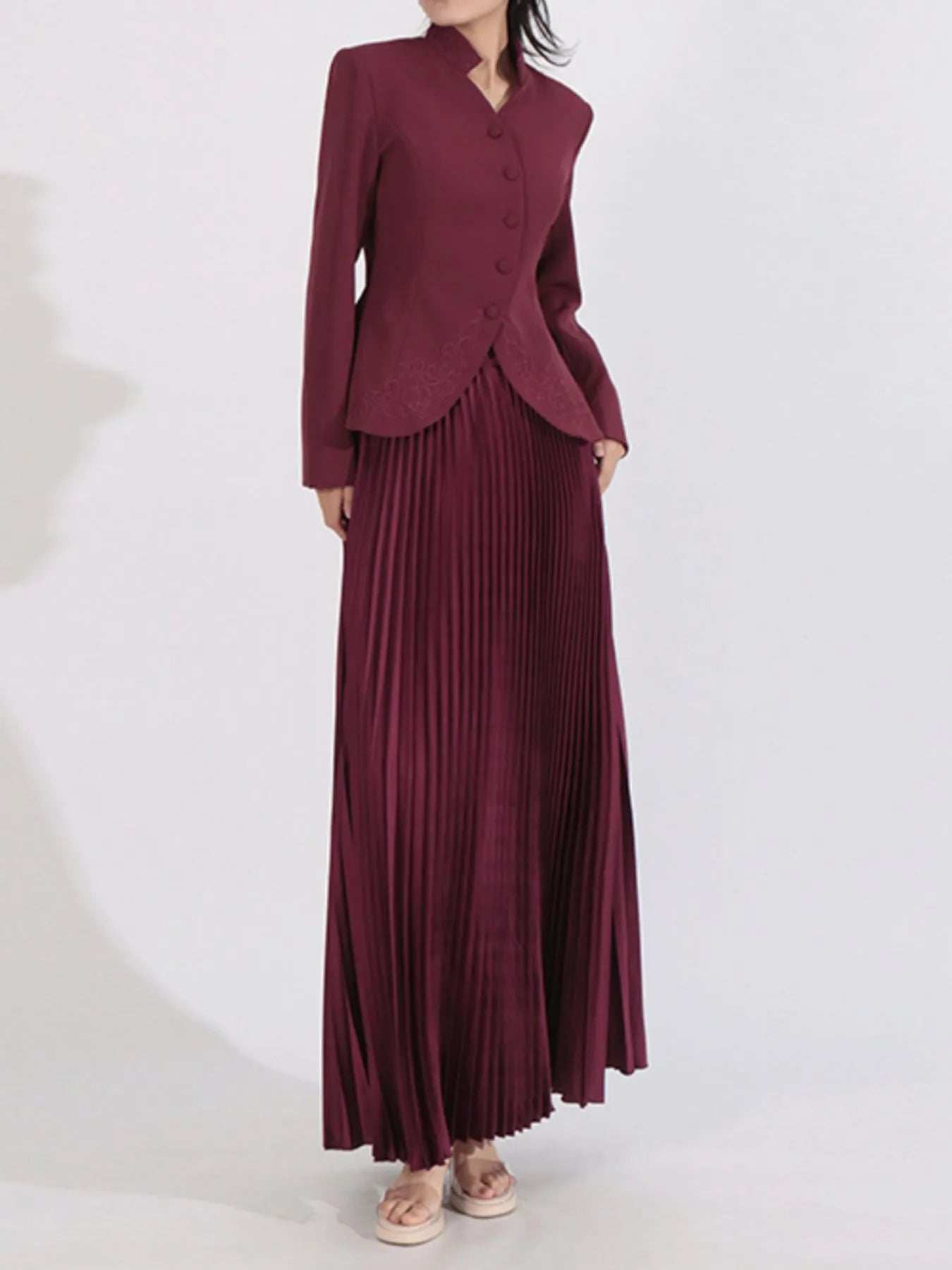 Button Up Long Sleeve Top and Pleated Skirt Set - Trendsi - Flyclothing LLC