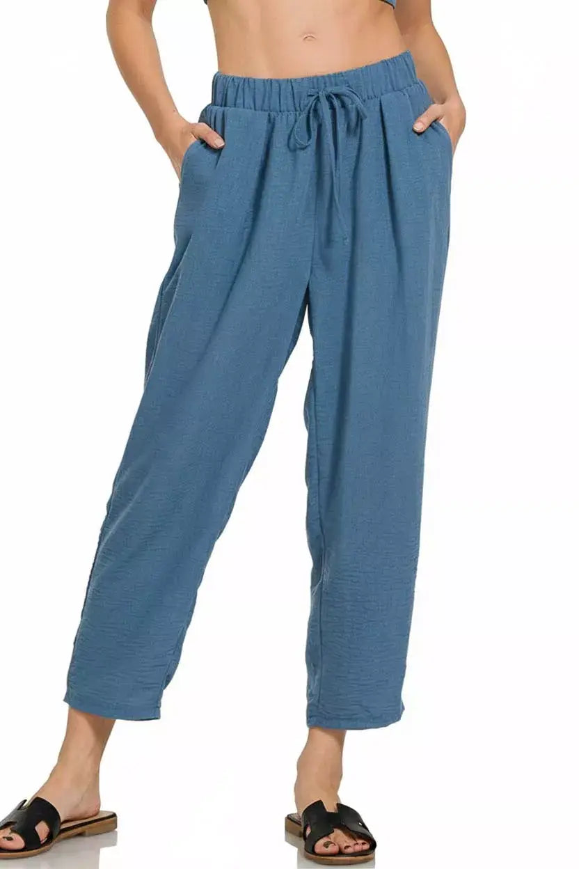 Zenana Woven Crepe Elastic Band Waist Pants - Trendsi - Flyclothing LLC