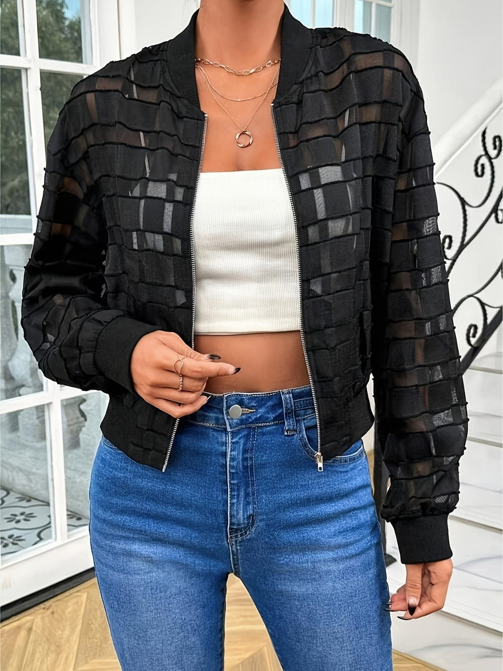 Zip Up Baseball Collar Outerwear - Trendsi