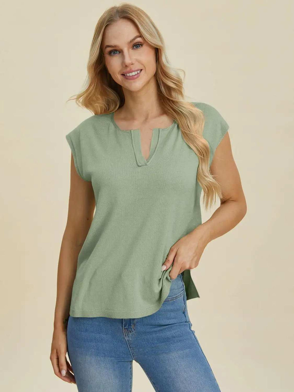 Double Take Full Size Notched Cap Sleeve Knit Top - Trendsi - Flyclothing LLC