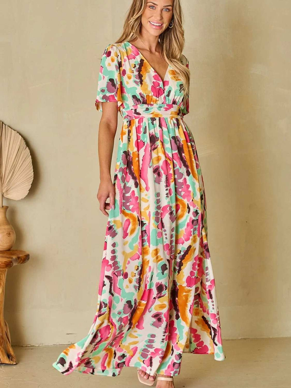 Slit Printed Surplice Short Sleeve Maxi Dress - Trendsi - Flyclothing LLC