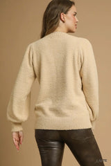 Umgee Textured Long Sleeve Sweater with Ribbed Trim - Trendsi - Flyclothing LLC