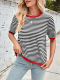 Lovelet Striped Contrast Round Neck Half Sleeve Knit Top - Trendsi - Flyclothing LLC