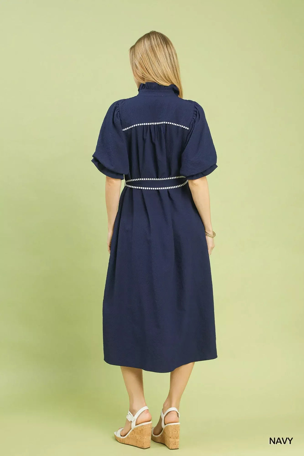 Umgee Ruffle Collar Midi Dress with Stripe Trim - Trendsi - Flyclothing LLC