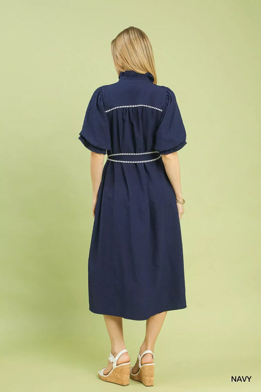 Umgee Ruffle Collar Midi Dress with Stripe Trim - Trendsi - Flyclothing LLC