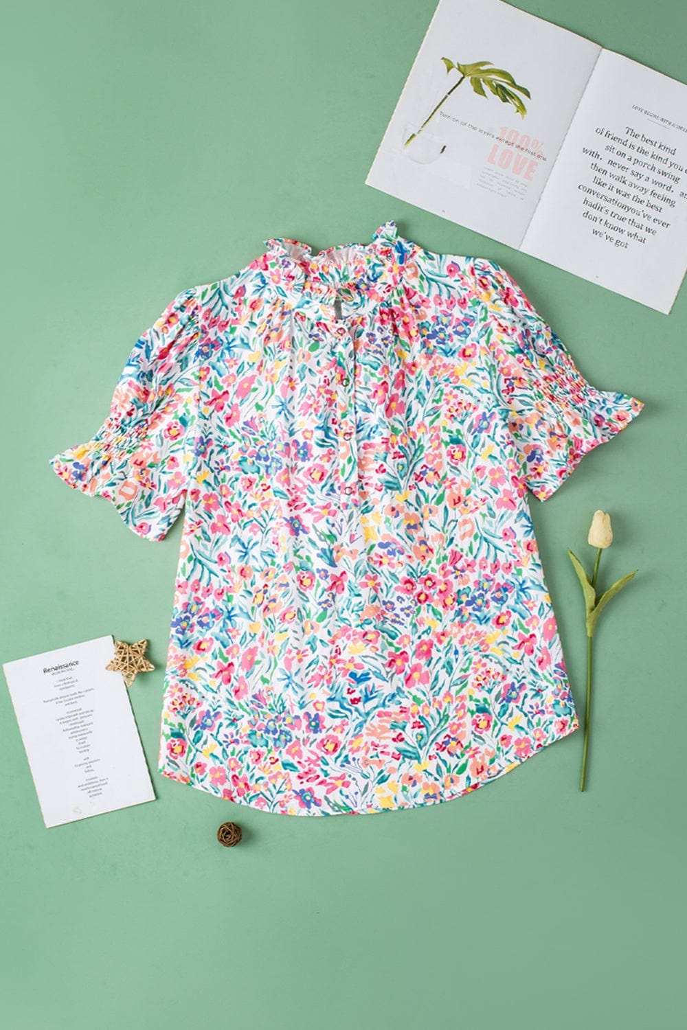 Printed Notched Short Sleeve Blouse - Trendsi - Flyclothing LLC