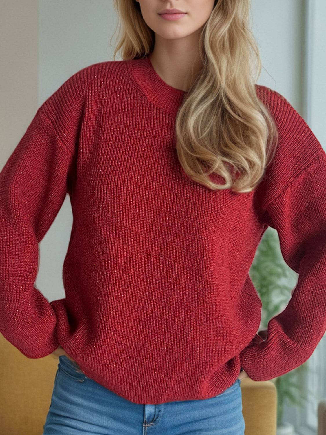 Solid Color Round Neck Long Sleeve Sweater - Trendsi