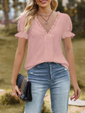 Lace Trim V-Neck Puff Sleeve Blouse - Trendsi - Flyclothing LLC