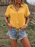 Drawstring Button Up Short Sleeve Blouse - Trendsi - Flyclothing LLC
