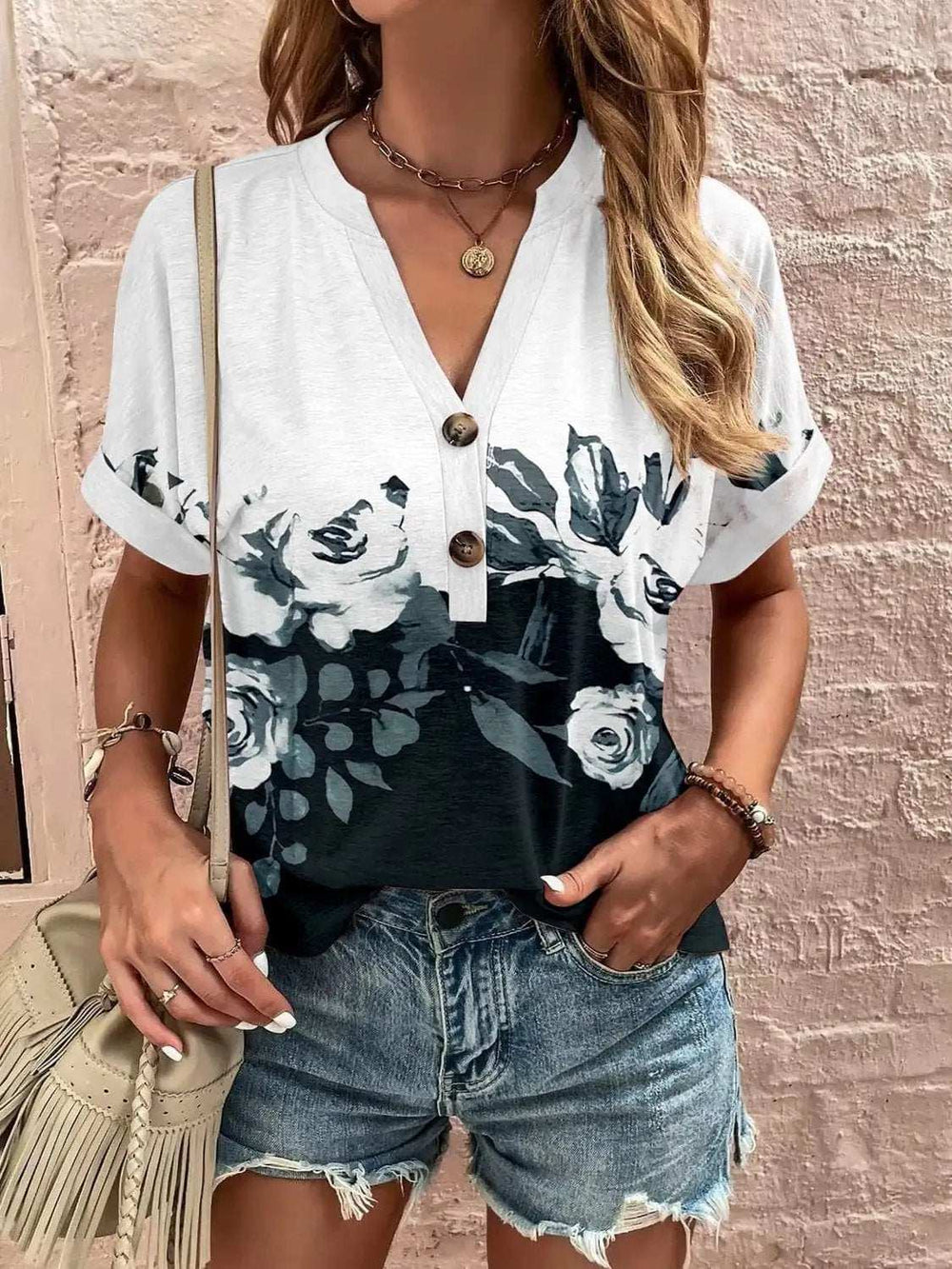 Full Size Printed Notched Short Sleeve Blouse - Trendsi - Flyclothing LLC