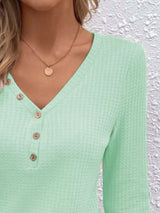 Waffle Knit Button-Detail V-Neck T-Shirt - Trendsi - Flyclothing LLC