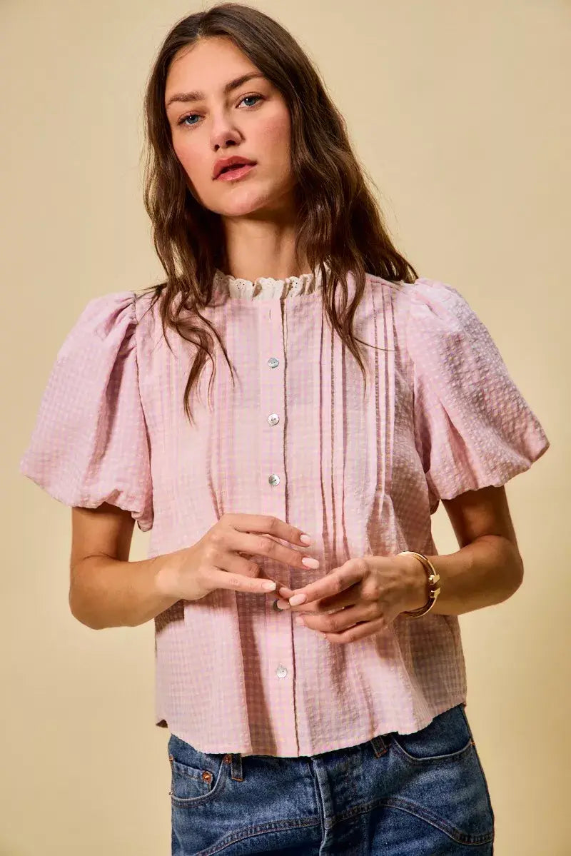SO ME Gingham Lace Trim Button Bubble Sleeves Blouse - Trendsi - Flyclothing LLC