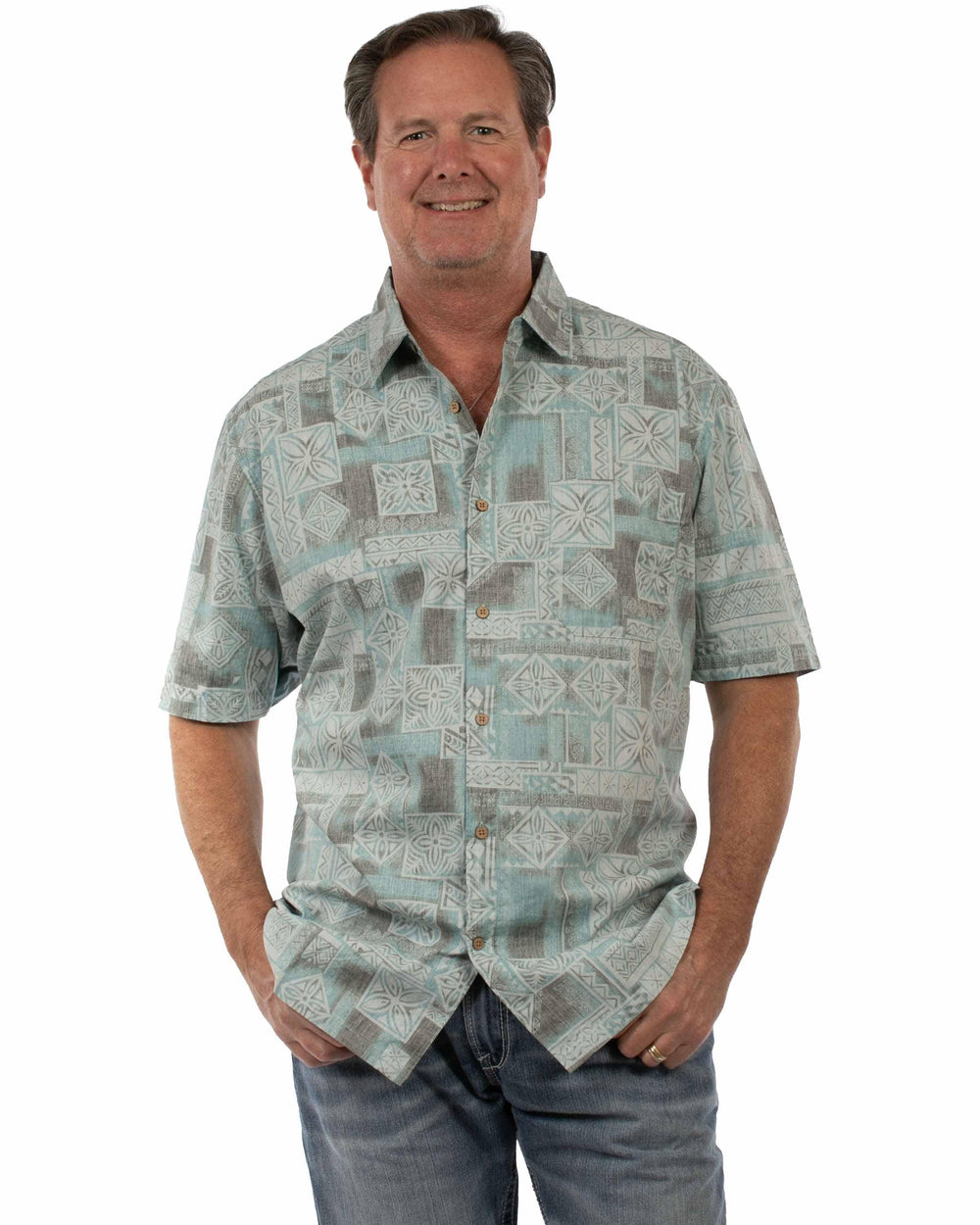 farthest point aqua 100% cotton herringbone hawaiian shirt - Scully Leather