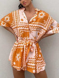 Printed Tie Waist Half Sleeve Romper - Trendsi - Flyclothing LLC