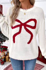 Bow Round Neck Drop Shoulder Sweater - Trendsi - Flyclothing LLC