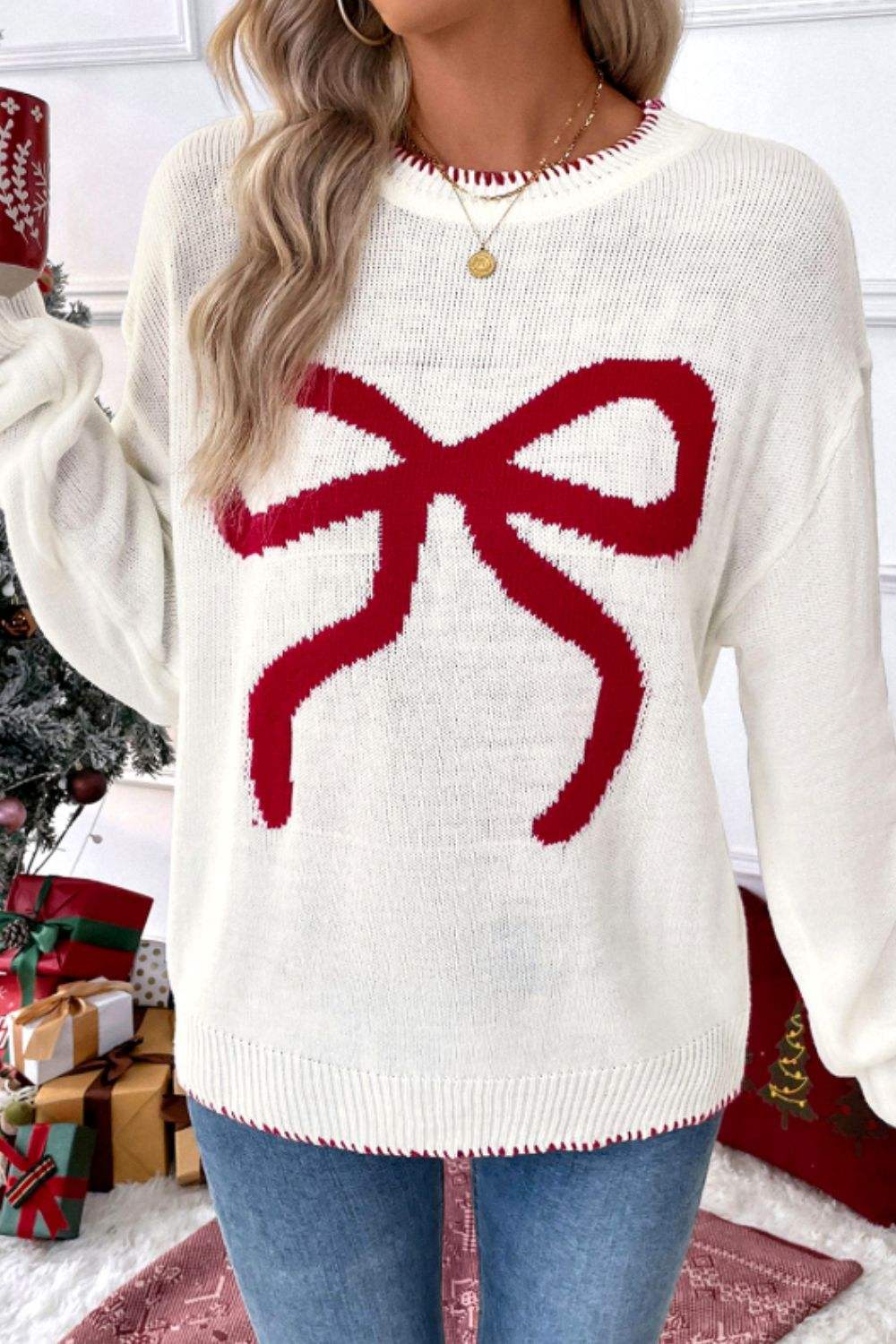 Bow Round Neck Drop Shoulder Sweater - Trendsi - Flyclothing LLC