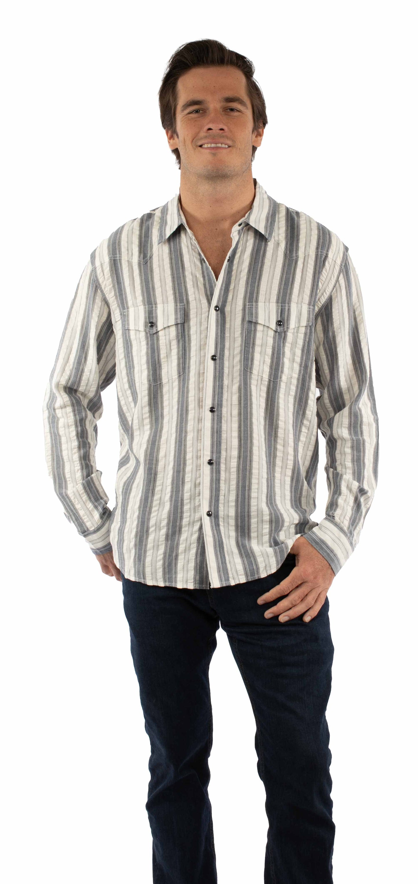 farthest point blue 100% cotton l/s shirt western yokes/snaps - Scully Leather - Flyclothing LLC