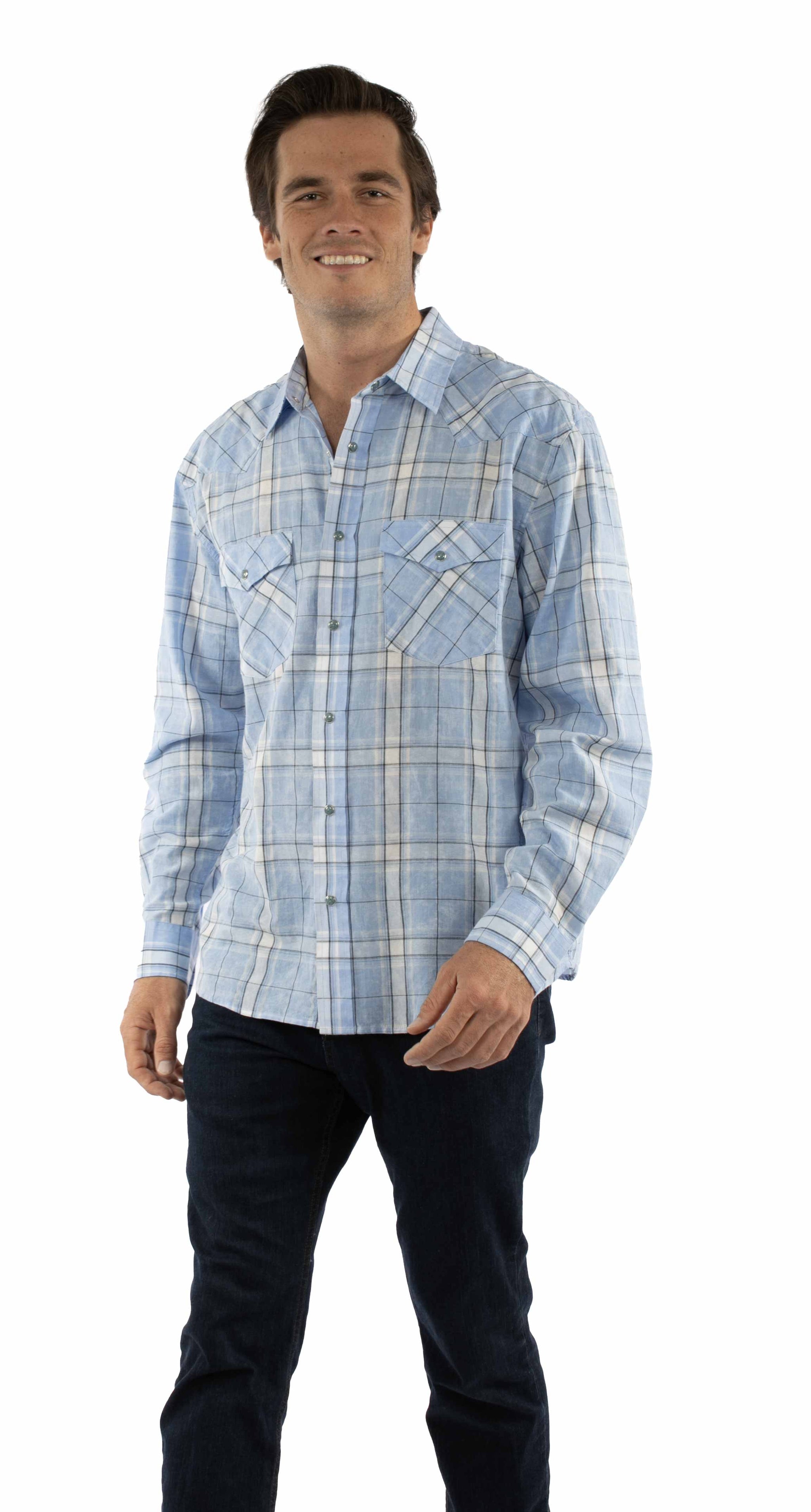 farthest point blue 100% cotton l/s plaid shirt w/western yokes/snap - Scully Leather - Flyclothing LLC