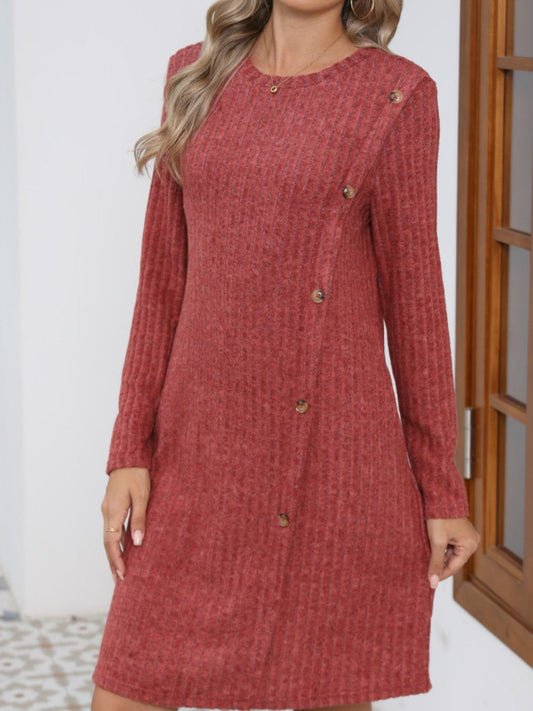 Decorative Button Round Neck Long Sleeve Dress - Trendsi