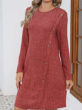 Decorative Button Round Neck Long Sleeve Dress - Trendsi