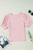 Stripe Textured Puff Sleeve Crewneck Top - Trendsi - Flyclothing LLC