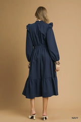 Umgee Textured Midi Dress with Ruffle Shoulder Detail - Trendsi - Flyclothing LLC