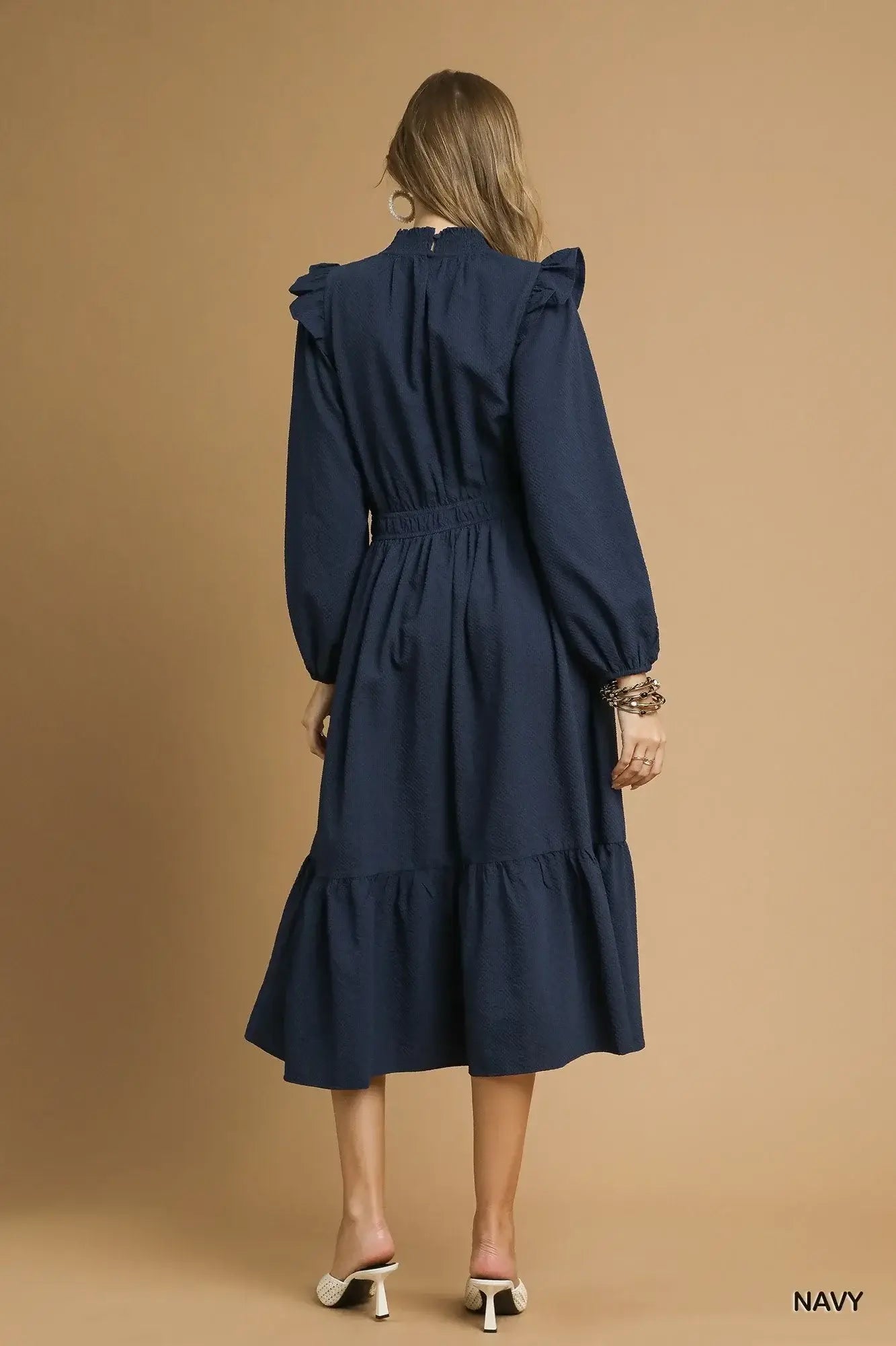 Umgee Textured Midi Dress with Ruffle Shoulder Detail - Trendsi - Flyclothing LLC
