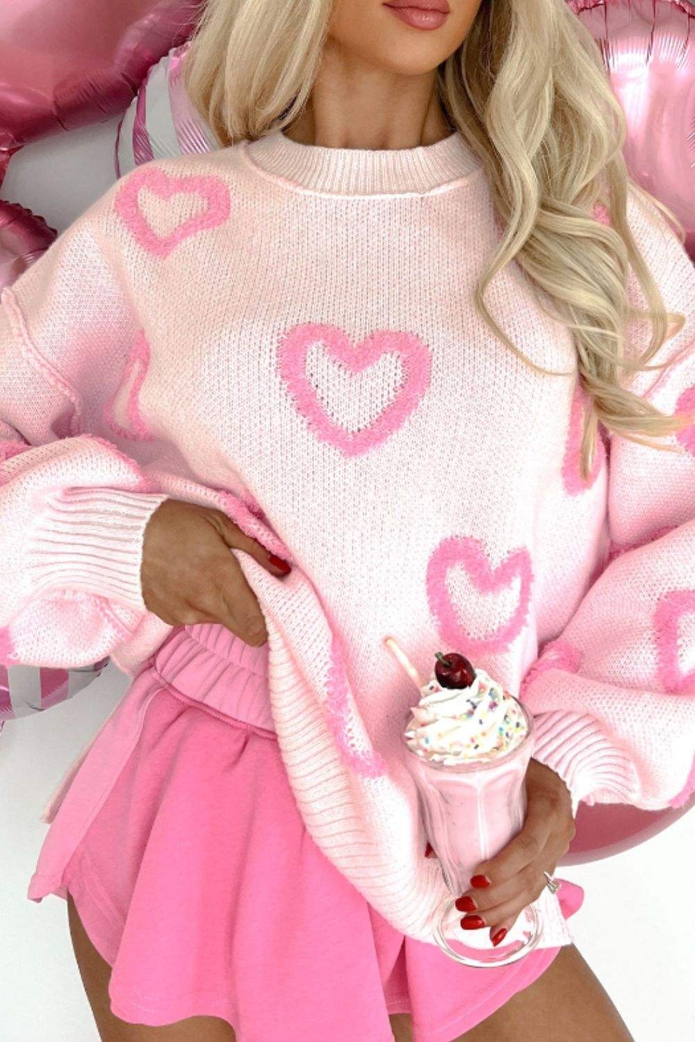 High-Low Heart Round Neck Long Sleeve Sweater - Trendsi - Flyclothing LLC