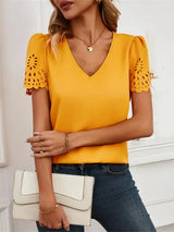 V-Neck Laser Cut Sleeve Blouse - Trendsi - Flyclothing LLC