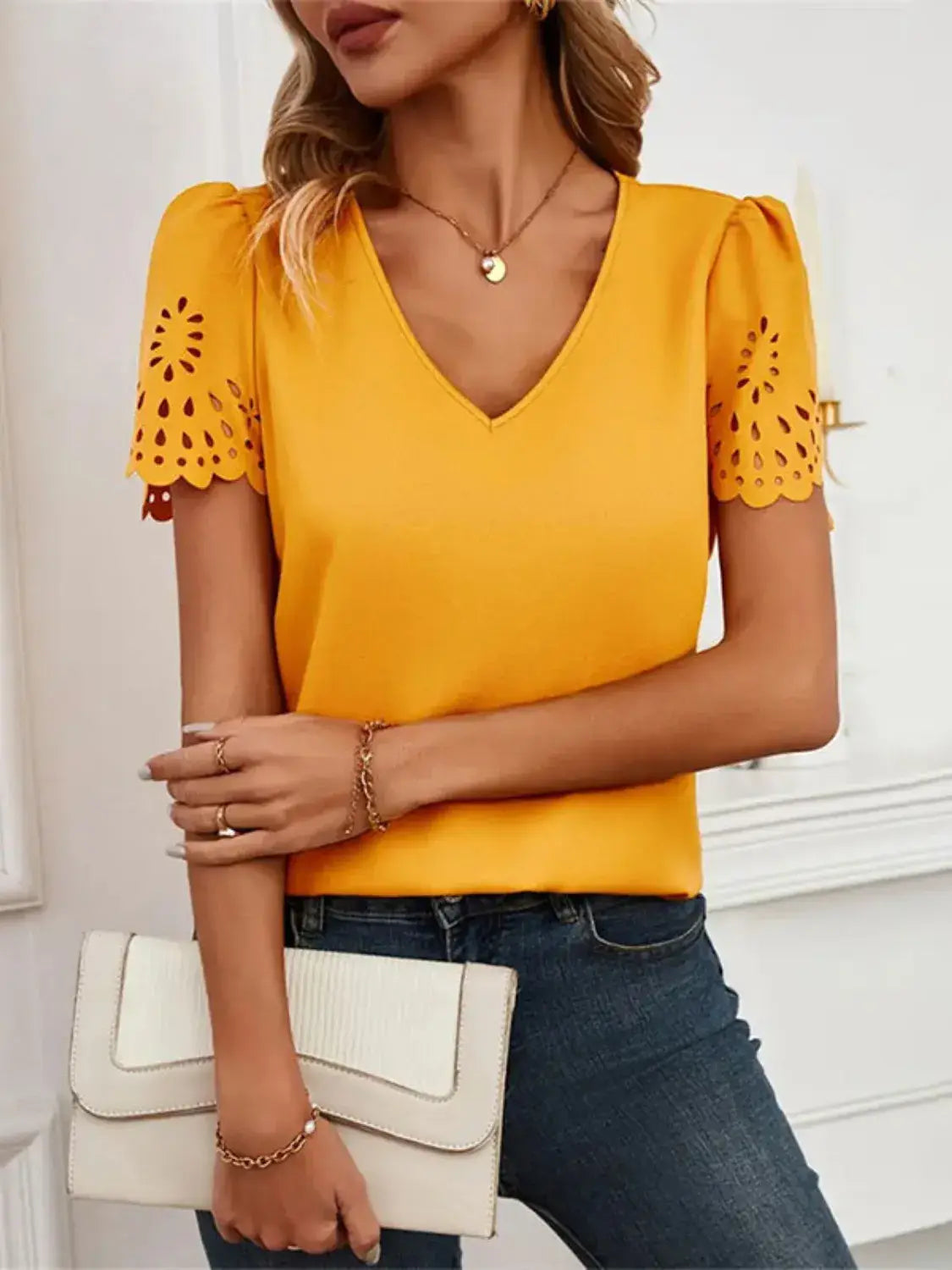 V-Neck Laser Cut Sleeve Blouse - Trendsi - Flyclothing LLC