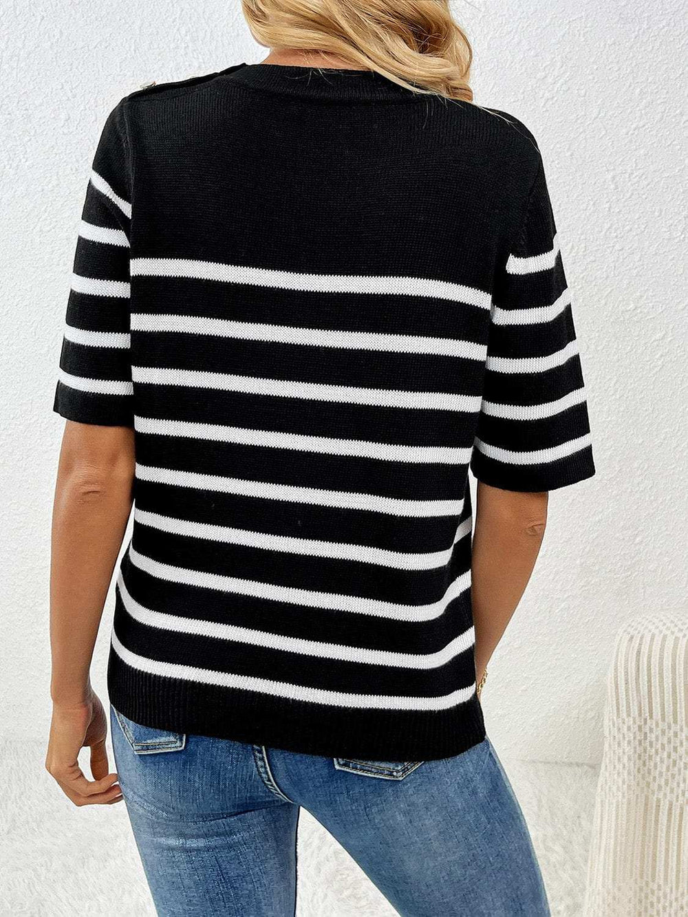 Striped Round Neck Half Sleeve Knit Top - Trendsi - Flyclothing LLC