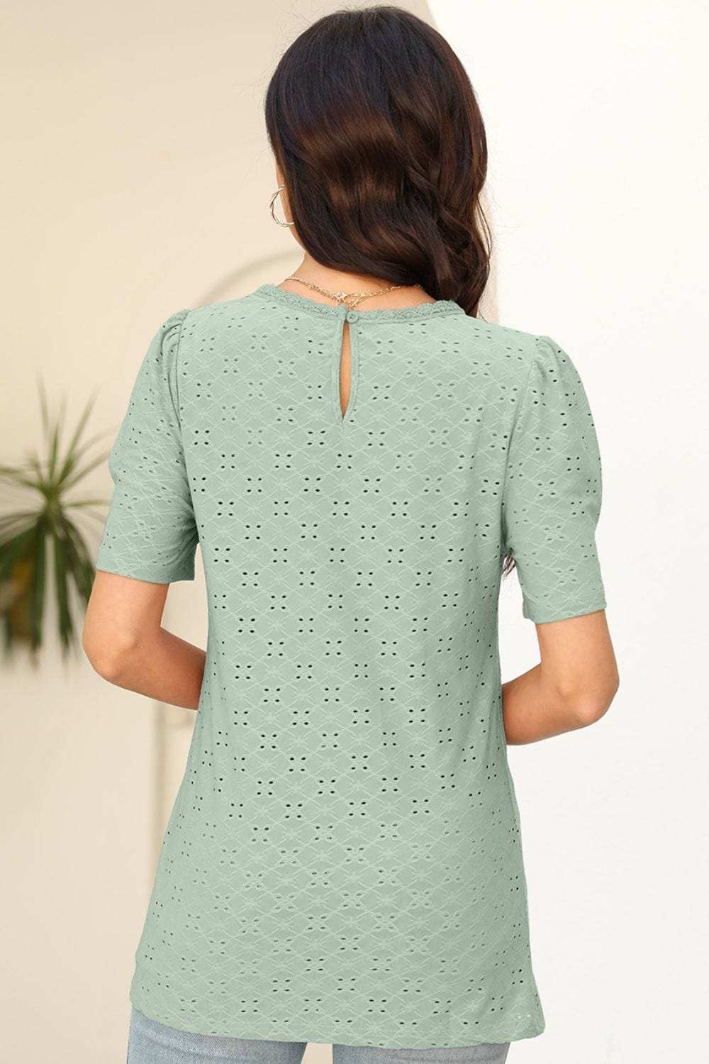 Eyelet Round Neck Short Sleeve T-Shirt - Trendsi - Flyclothing LLC