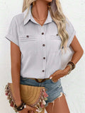 Pleated Detail Collared Neck Short Sleeve Shirt - Trendsi - Flyclothing LLC